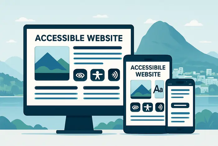 Siti web accessibili mostrati su diversi dispositivi con elementi di accessibilità evidenziati