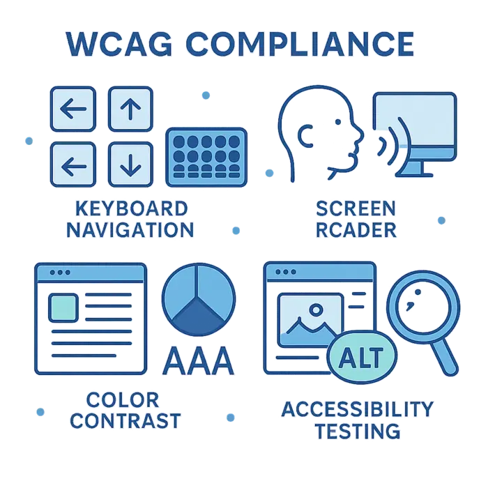 Infografica che mostra gli elementi di conformità WCAG: navigazione da tastiera, screen reader, contrasto colori e test di accessibilità